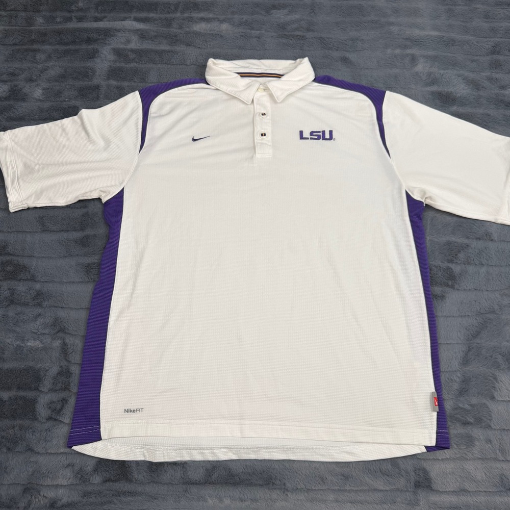 Nike FIT LSU Tigers Polo Shirt Mens XL White Purple Short Sleeve NCAA 14850